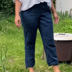 J.Jill Pure Jill 100% Linen Pull On Pants Cropped Blue Ankle Toggle, Deep Blue